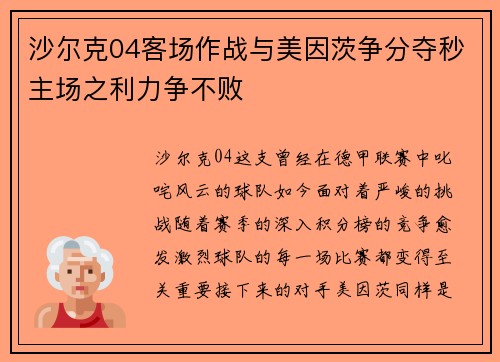 沙尔克04客场作战与美因茨争分夺秒主场之利力争不败