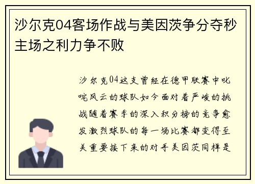 沙尔克04客场作战与美因茨争分夺秒主场之利力争不败